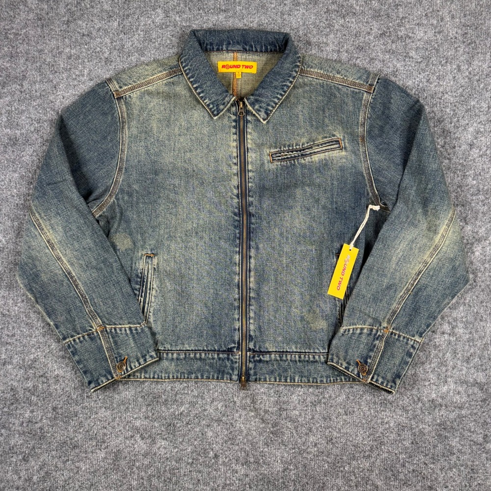Round Two Denim Jacket Mens Size L Blue Faded Zip Up Workwear New